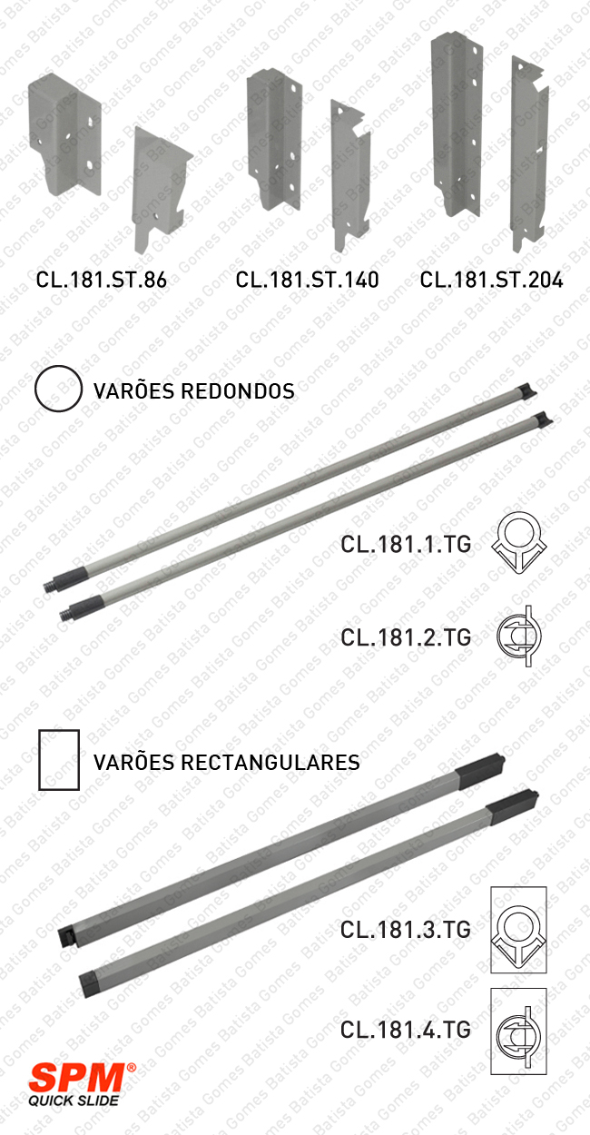 Suportes traseiros e var�es para gavetas com laterais SPM QUICK SLIDE